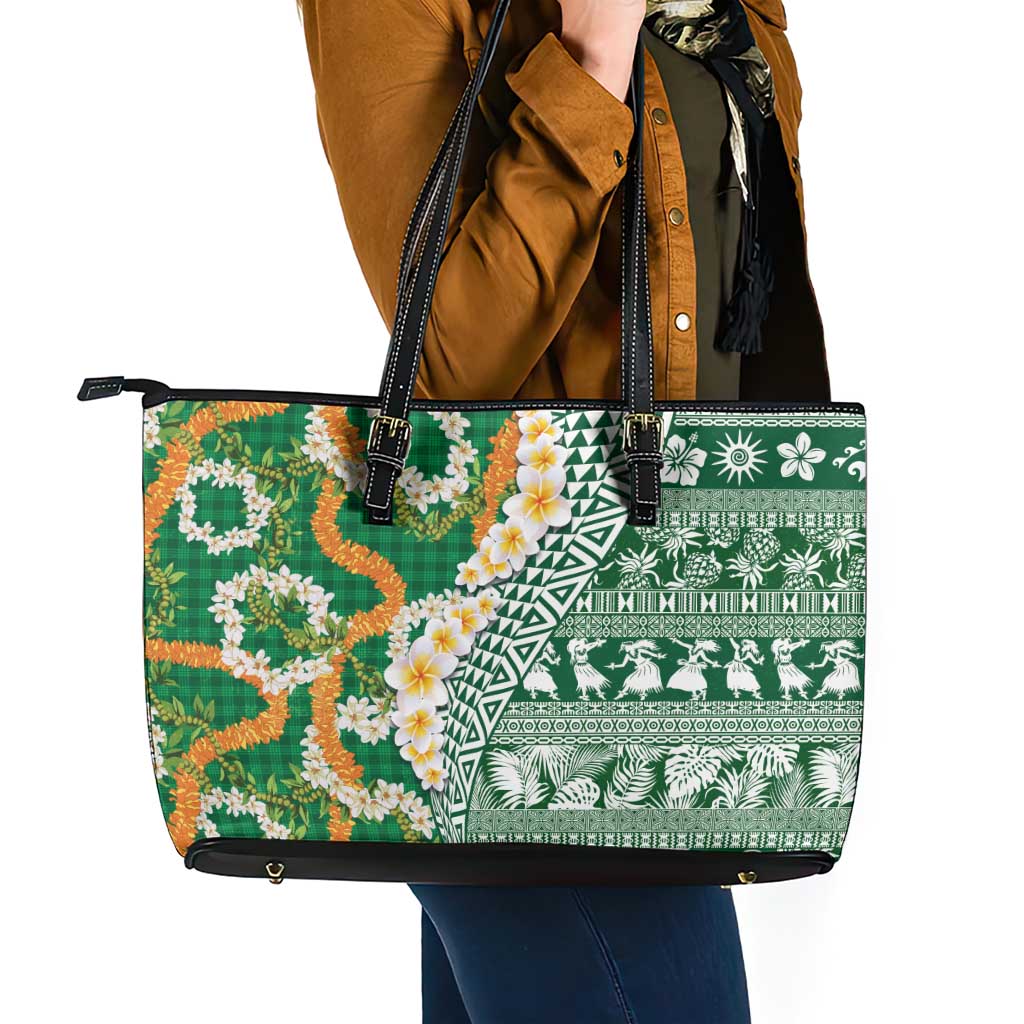 Hawaiian Plumeria Lei Leather Tote Bag Kakau Motifs and Palaka Half Style Green Color LT03 - Polynesian Pride