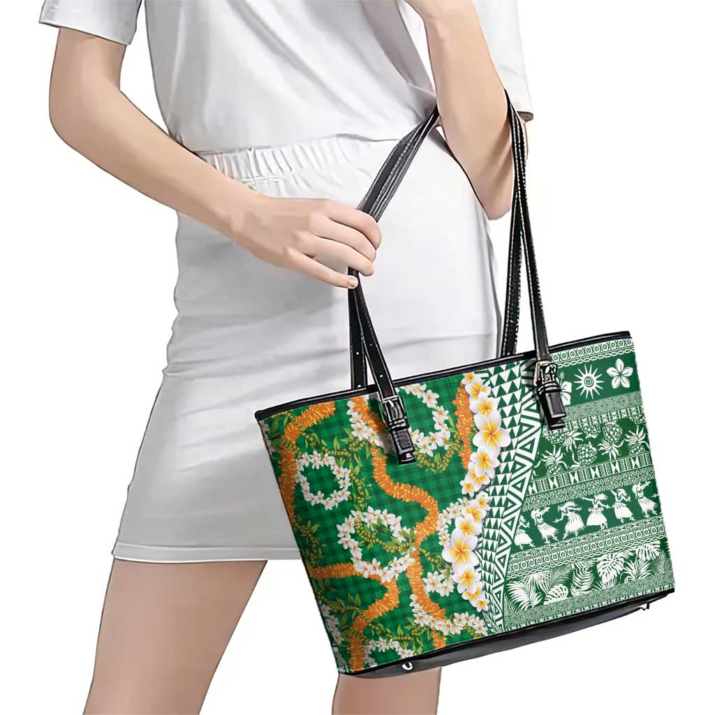 Hawaiian Plumeria Lei Leather Tote Bag Kakau Motifs and Palaka Half Style Green Color LT03 - Polynesian Pride