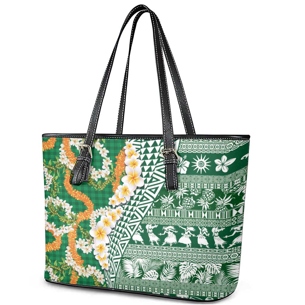 Hawaiian Plumeria Lei Leather Tote Bag Kakau Motifs and Palaka Half Style Green Color LT03 - Polynesian Pride