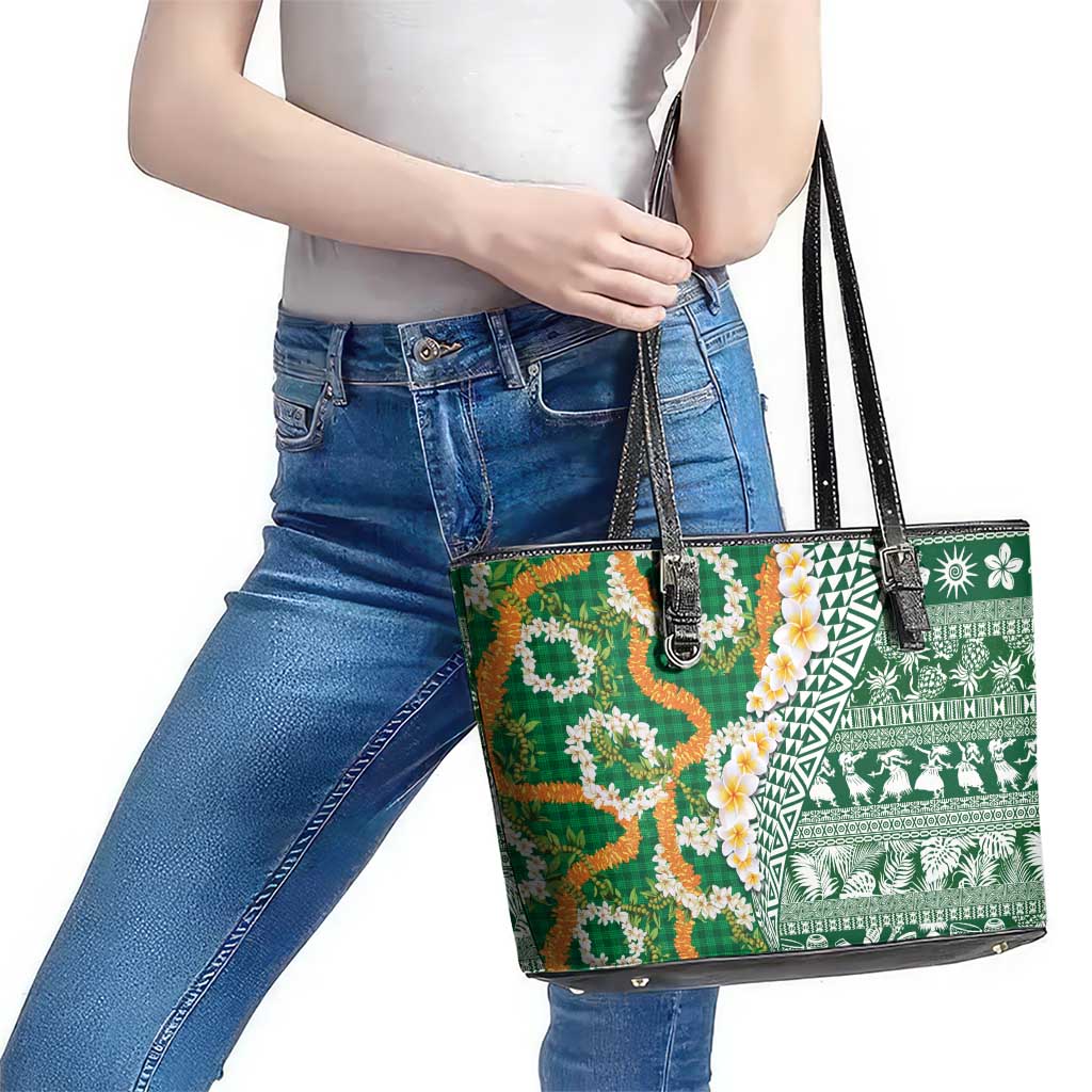 Hawaiian Plumeria Lei Leather Tote Bag Kakau Motifs and Palaka Half Style Green Color LT03 - Polynesian Pride
