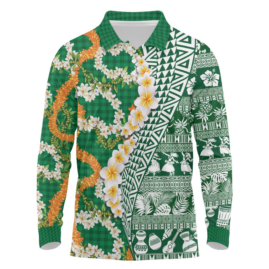 Hawaiian Plumeria Lei Long Sleeve Polo Shirt Kakau Motifs and Palaka Half Style Green Color LT03 Green - Polynesian Pride