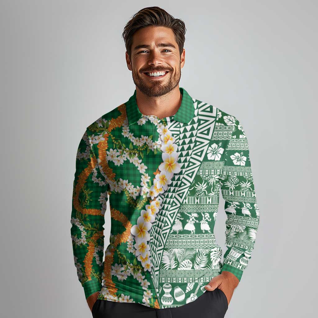 Hawaiian Plumeria Lei Long Sleeve Polo Shirt Kakau Motifs and Palaka Half Style Green Color LT03 - Polynesian Pride