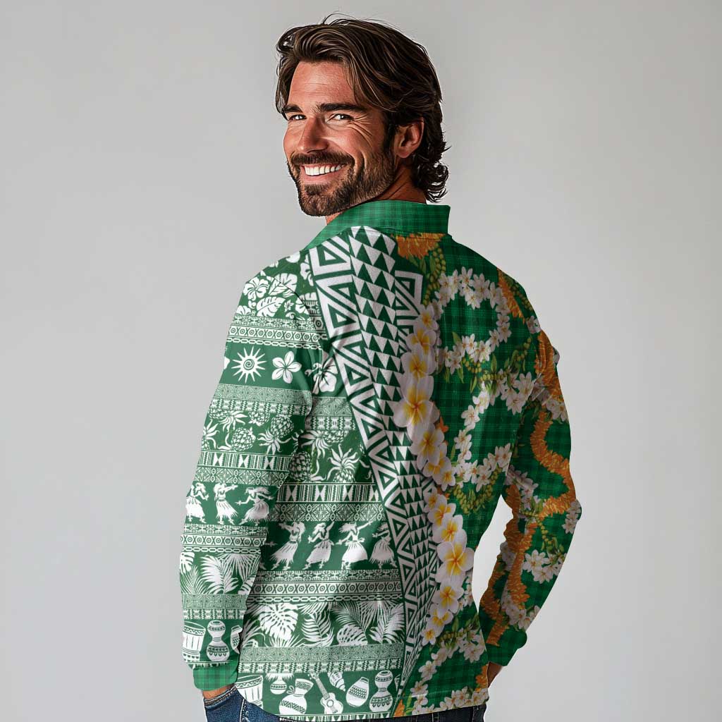 Hawaiian Plumeria Lei Long Sleeve Polo Shirt Kakau Motifs and Palaka Half Style Green Color LT03 - Polynesian Pride