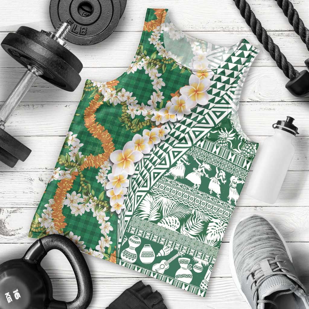 Hawaiian Plumeria Lei Men Tank Top Kakau Motifs and Palaka Half Style Green Color - Polynesian Pride