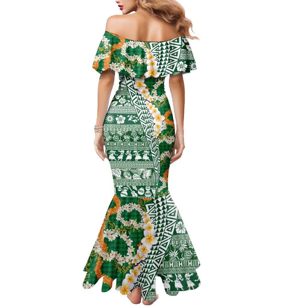 Hawaiian Plumeria Lei Mermaid Dress Kakau Motifs and Palaka Half Style Green Color LT03 - Polynesian Pride