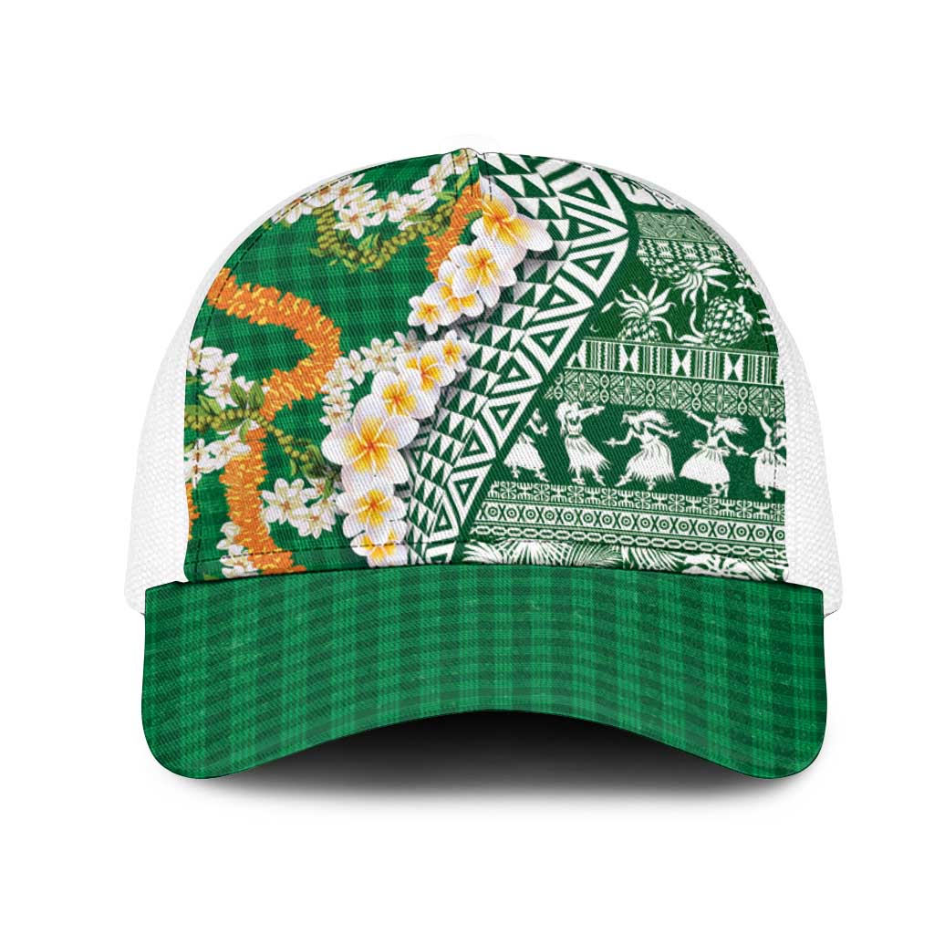 Hawaiian Plumeria Lei Mesh Trucker Cap Kakau Motifs and Palaka Half Style Green Color - Polynesian Pride