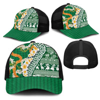Hawaiian Plumeria Lei Mesh Trucker Cap Kakau Motifs and Palaka Half Style Green Color - Polynesian Pride