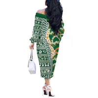 Hawaiian Plumeria Lei Off The Shoulder Long Sleeve Dress Kakau Motifs and Palaka Half Style Green Color LT03 - Polynesian Pride
