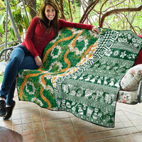 Hawaiian Plumeria Lei Quilt Kakau Motifs and Palaka Half Style Green Color - Polynesian Pride