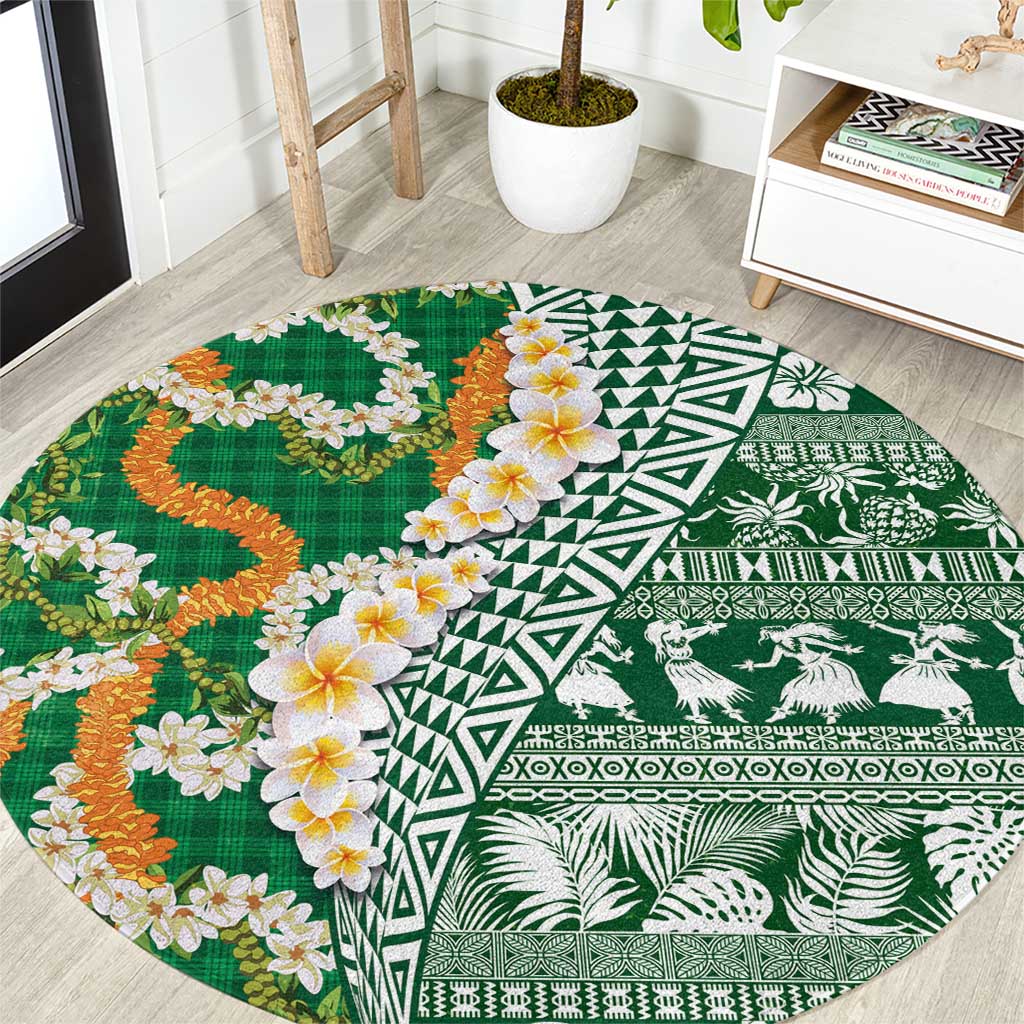 Hawaiian Plumeria Lei Round Carpet Kakau Motifs and Palaka Half Style Green Color LT03 Green - Polynesian Pride
