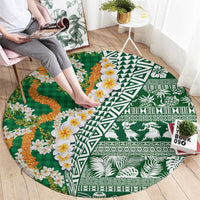 Hawaiian Plumeria Lei Round Carpet Kakau Motifs and Palaka Half Style Green Color LT03 - Polynesian Pride