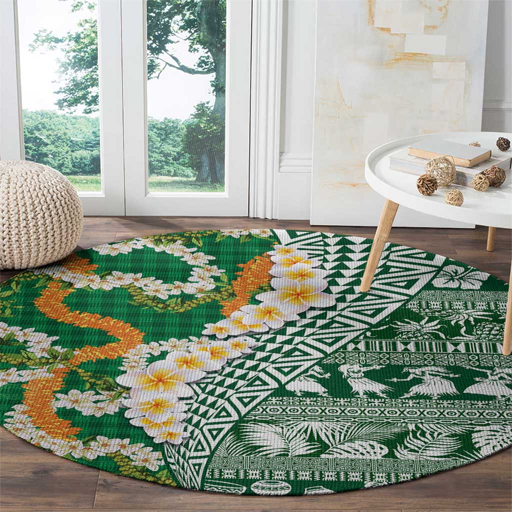 Hawaiian Plumeria Lei Round Carpet Kakau Motifs and Palaka Half Style Green Color LT03 - Polynesian Pride
