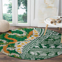 Hawaiian Plumeria Lei Round Carpet Kakau Motifs and Palaka Half Style Green Color LT03 - Polynesian Pride