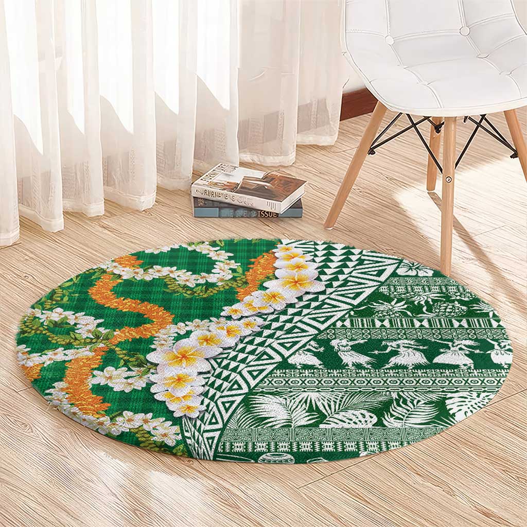 Hawaiian Plumeria Lei Round Carpet Kakau Motifs and Palaka Half Style Green Color LT03 - Polynesian Pride