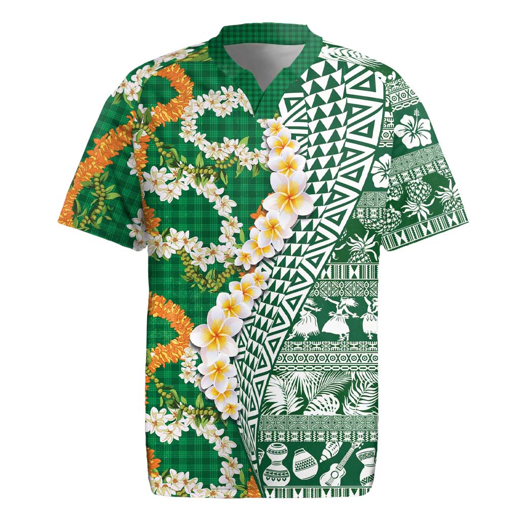 Hawaiian Plumeria Lei Rugby Jersey Kakau Motifs and Palaka Half Style Green Color - Polynesian Pride