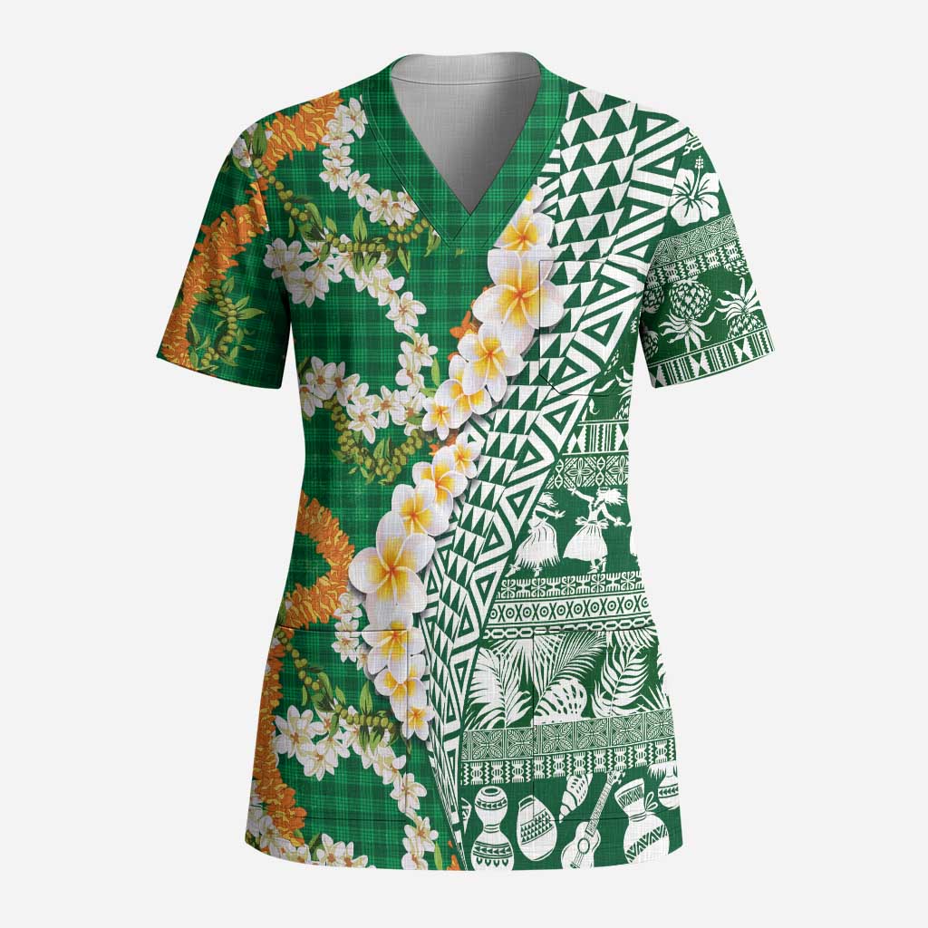 Hawaiian Plumeria Lei Scrub Top Kakau Motifs and Palaka Half Style Green Color - Polynesian Pride