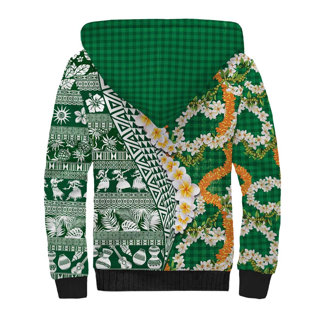 Hawaiian Plumeria Lei Sherpa Hoodie Kakau Motifs and Palaka Half Style Green Color LT03 - Polynesian Pride