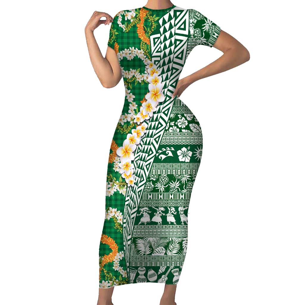 Hawaiian Plumeria Lei Short Sleeve Bodycon Dress Kakau Motifs and Palaka Half Style Green Color - Polynesian Pride