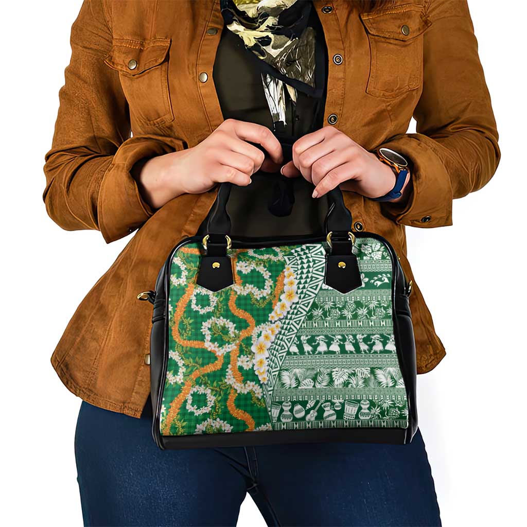 Hawaiian Plumeria Lei Shoulder Handbag Kakau Motifs and Palaka Half Style Green Color - Polynesian Pride