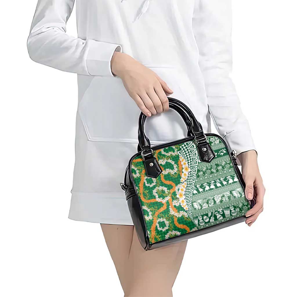 Hawaiian Plumeria Lei Shoulder Handbag Kakau Motifs and Palaka Half Style Green Color - Polynesian Pride