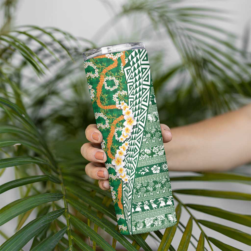 Hawaiian Plumeria Lei Skinny Tumbler Kakau Motifs and Palaka Half Style Green Color LT03 - Polynesian Pride