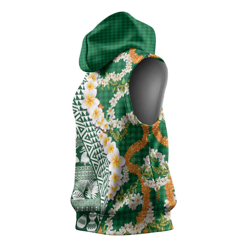 Hawaiian Plumeria Lei Sleeveless Hoodie Kakau Motifs and Palaka Half Style Green Color LT03 - Polynesian Pride