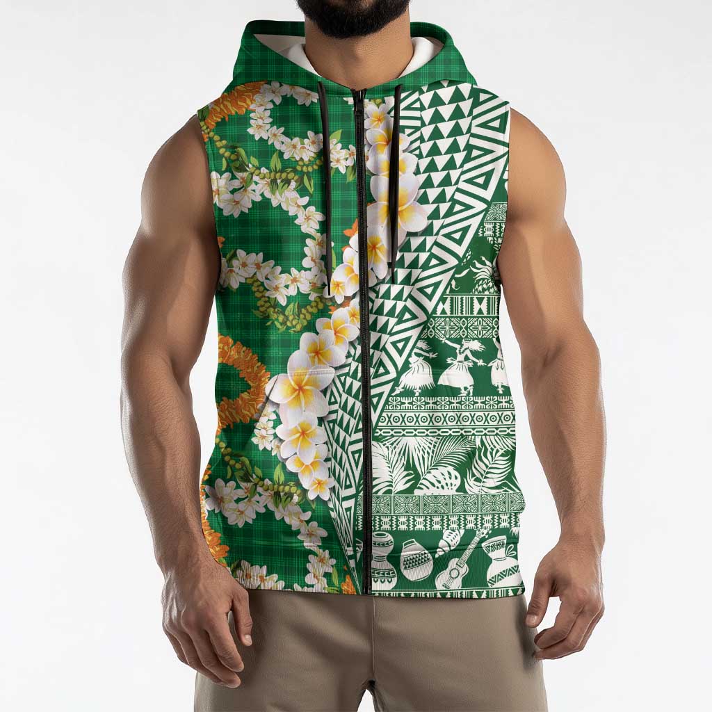 Hawaiian Plumeria Lei Sleeveless Zip Hoodie Kakau Motifs and Palaka Half Style Green Color LT03 - Polynesian Pride
