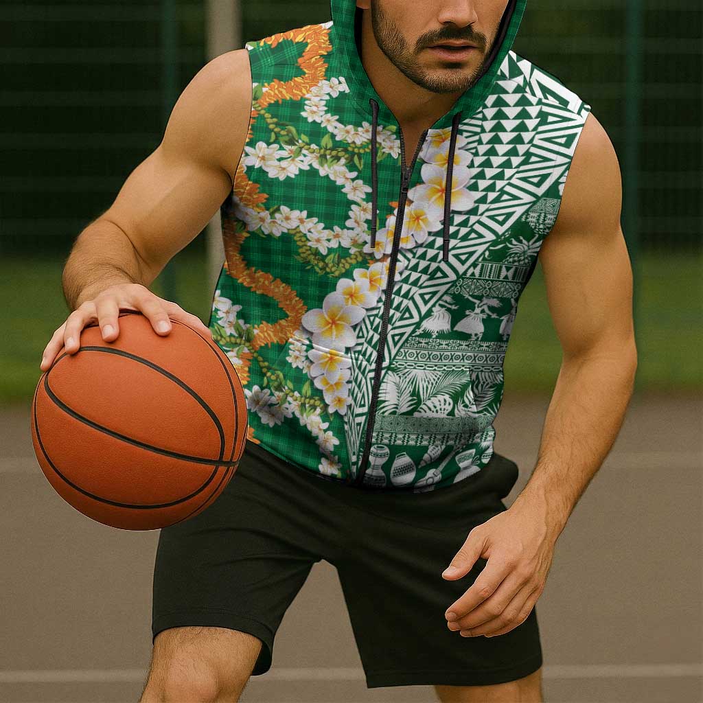 Hawaiian Plumeria Lei Sleeveless Zip Hoodie Kakau Motifs and Palaka Half Style Green Color LT03 - Polynesian Pride