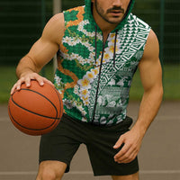 Hawaiian Plumeria Lei Sleeveless Zip Hoodie Kakau Motifs and Palaka Half Style Green Color LT03 - Polynesian Pride