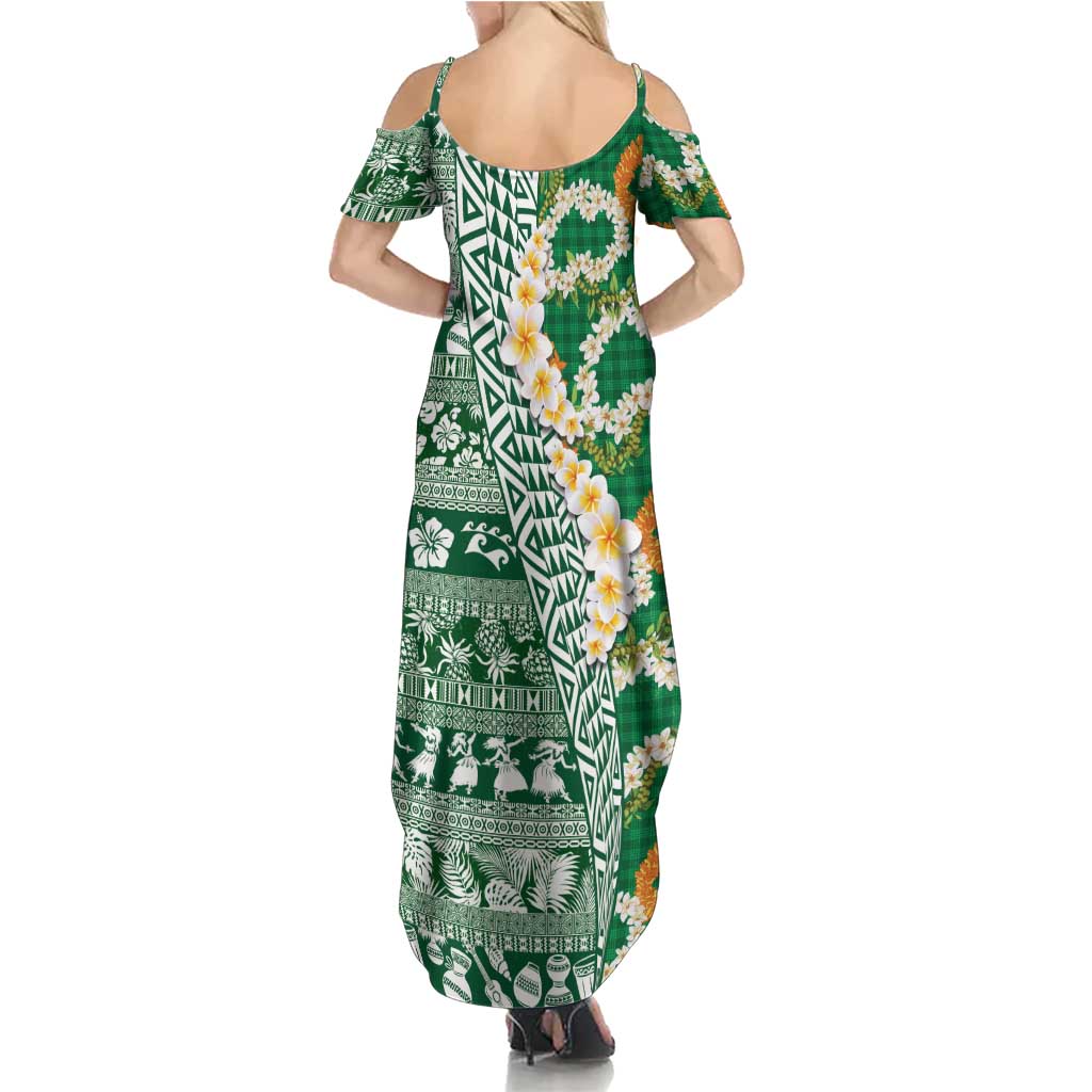 Hawaiian Plumeria Lei Summer Maxi Dress Kakau Motifs and Palaka Half Style Green Color - Polynesian Pride