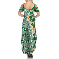Hawaiian Plumeria Lei Summer Maxi Dress Kakau Motifs and Palaka Half Style Green Color - Polynesian Pride