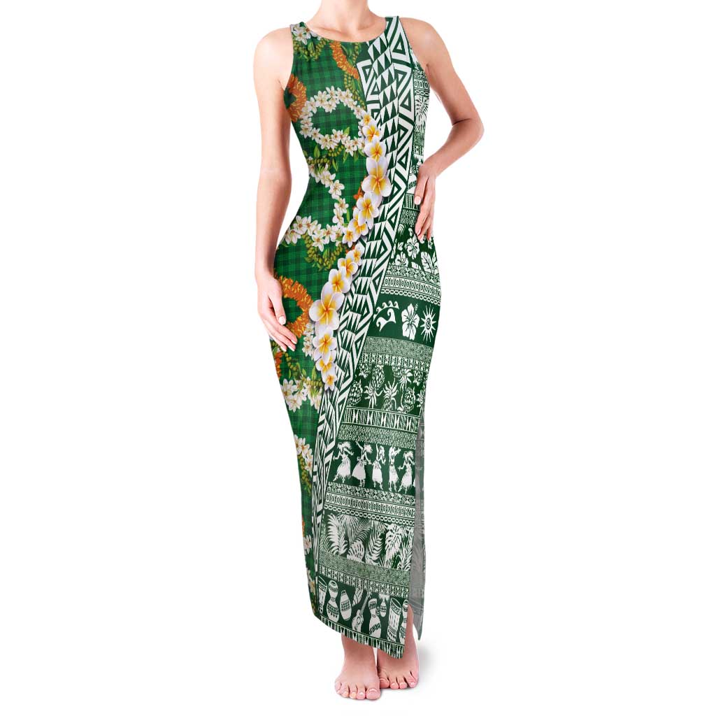 Hawaiian Plumeria Lei Tank Maxi Dress Kakau Motifs and Palaka Half Style Green Color LT03 Women Green - Polynesian Pride