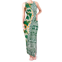 Hawaiian Plumeria Lei Tank Maxi Dress Kakau Motifs and Palaka Half Style Green Color LT03 Women Green - Polynesian Pride