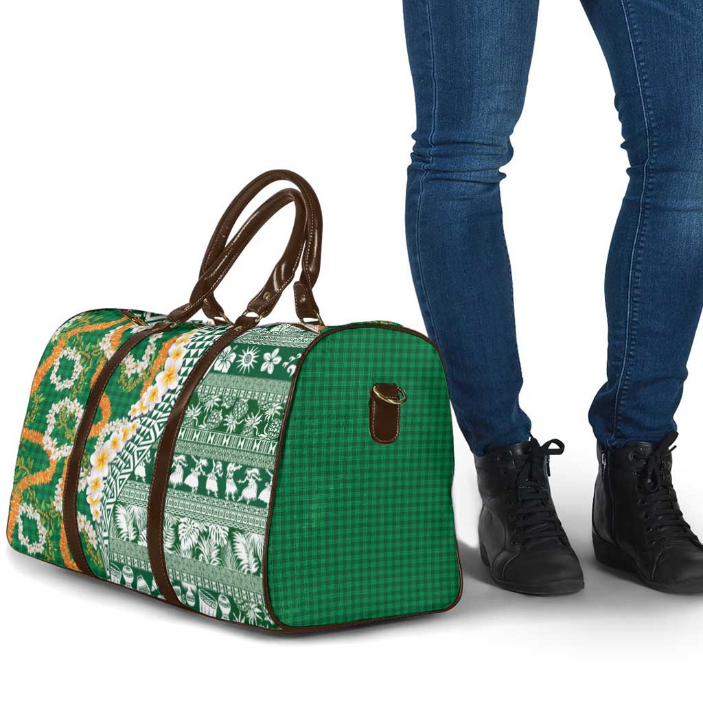 Hawaiian Plumeria Lei Travel Bag Kakau Motifs and Palaka Half Style Green Color - Polynesian Pride