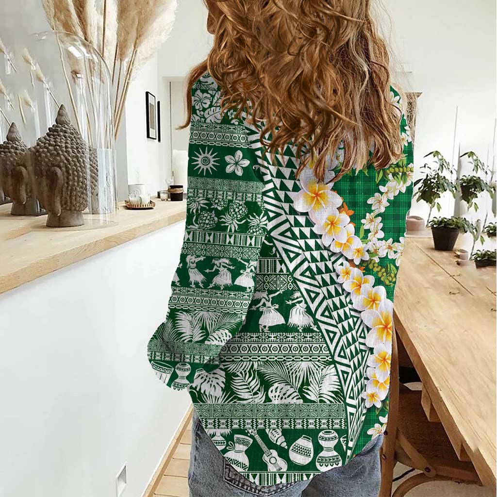 Hawaiian Plumeria Lei Women Casual Shirt Kakau Motifs and Palaka Half Style Green Color LT03 - Polynesian Pride