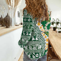 Hawaiian Plumeria Lei Women Casual Shirt Kakau Motifs and Palaka Half Style Green Color LT03 - Polynesian Pride