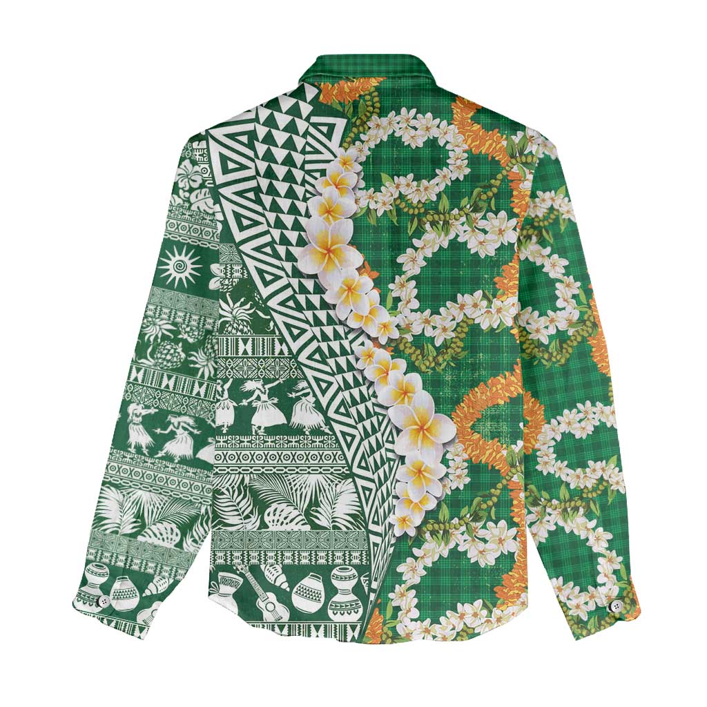 Hawaiian Plumeria Lei Women Casual Shirt Kakau Motifs and Palaka Half Style Green Color LT03 - Polynesian Pride