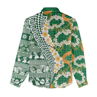 Hawaiian Plumeria Lei Women Casual Shirt Kakau Motifs and Palaka Half Style Green Color LT03 - Polynesian Pride