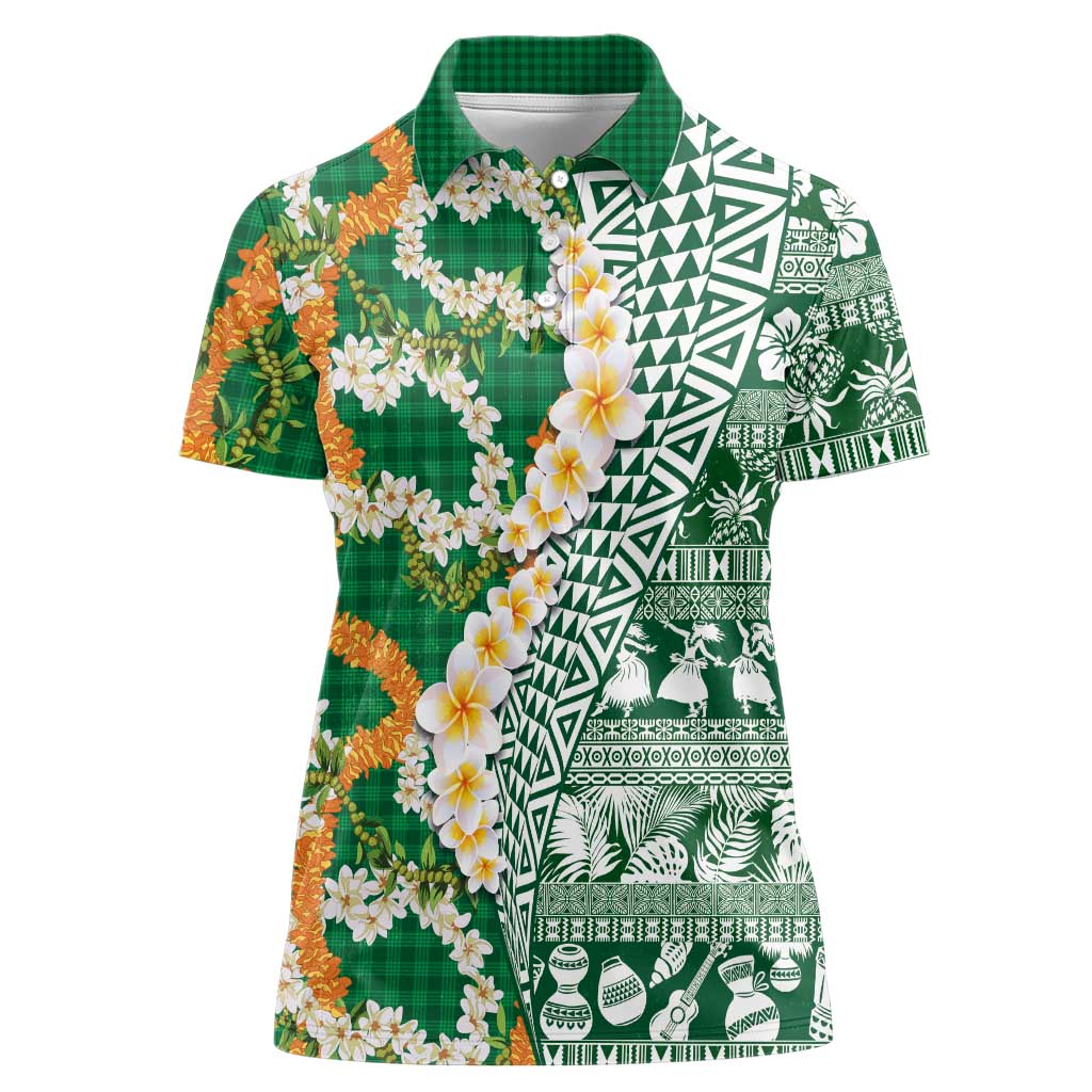 Hawaiian Plumeria Lei Women Polo Shirt Kakau Motifs and Palaka Half Style Green Color LT03 Female Green - Polynesian Pride