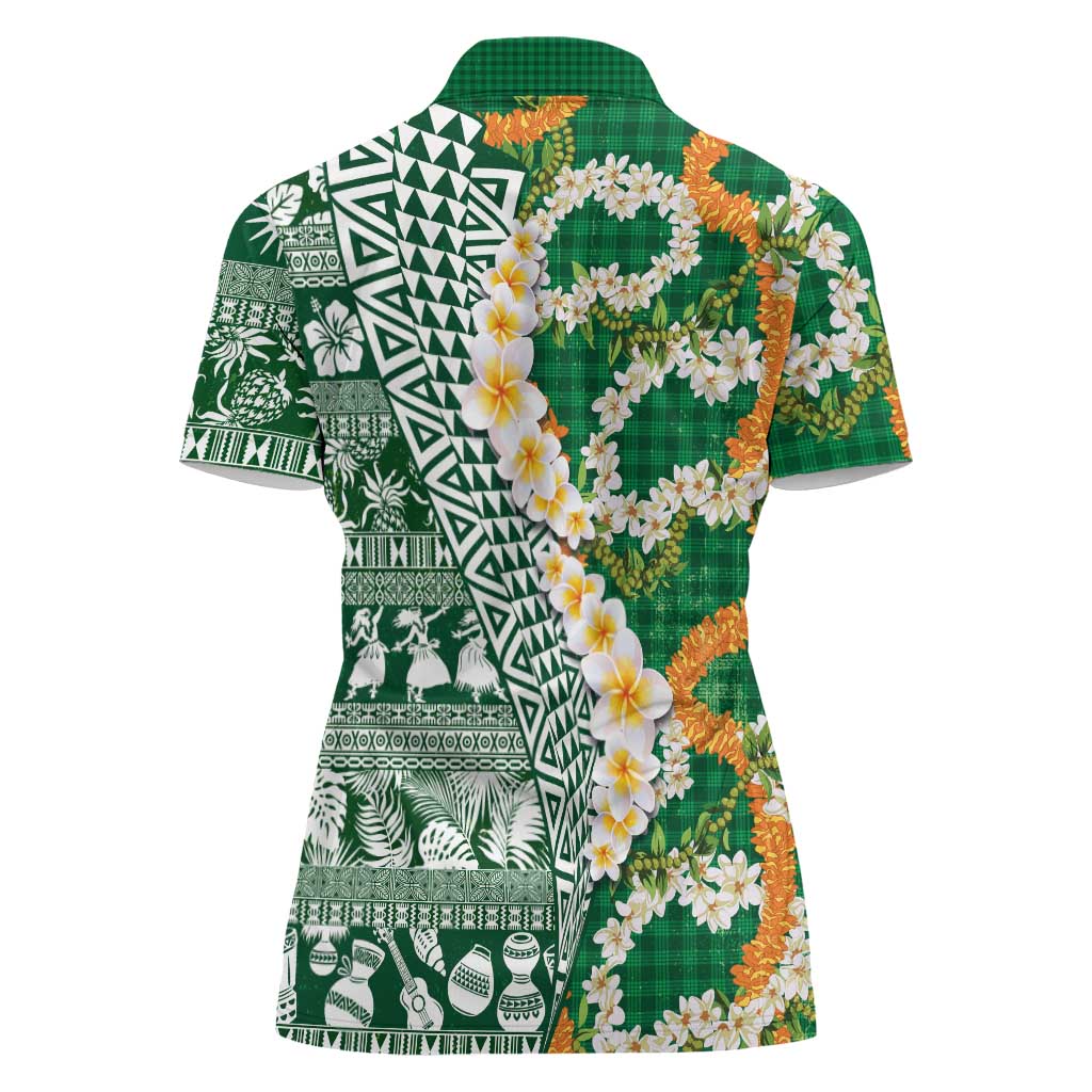 Hawaiian Plumeria Lei Women Polo Shirt Kakau Motifs and Palaka Half Style Green Color LT03 - Polynesian Pride