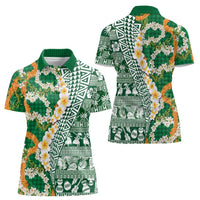 Hawaiian Plumeria Lei Women Polo Shirt Kakau Motifs and Palaka Half Style Green Color LT03 - Polynesian Pride