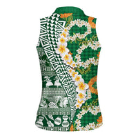Hawaiian Plumeria Lei Women Sleeveless Polo Shirt Kakau Motifs and Palaka Half Style Green Color LT03 - Polynesian Pride