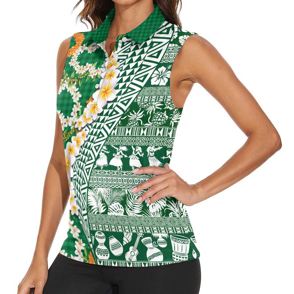 Hawaiian Plumeria Lei Women Sleeveless Polo Shirt Kakau Motifs and Palaka Half Style Green Color LT03 - Polynesian Pride