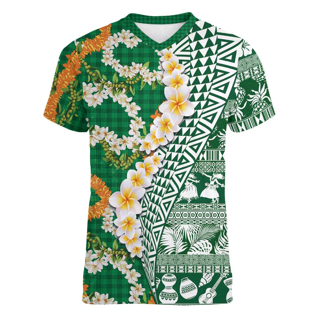 Hawaiian Plumeria Lei Women V-Neck T-Shirt Kakau Motifs and Palaka Half Style Green Color LT03 Female Green - Polynesian Pride