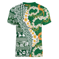 Hawaiian Plumeria Lei Women V-Neck T-Shirt Kakau Motifs and Palaka Half Style Green Color LT03 - Polynesian Pride