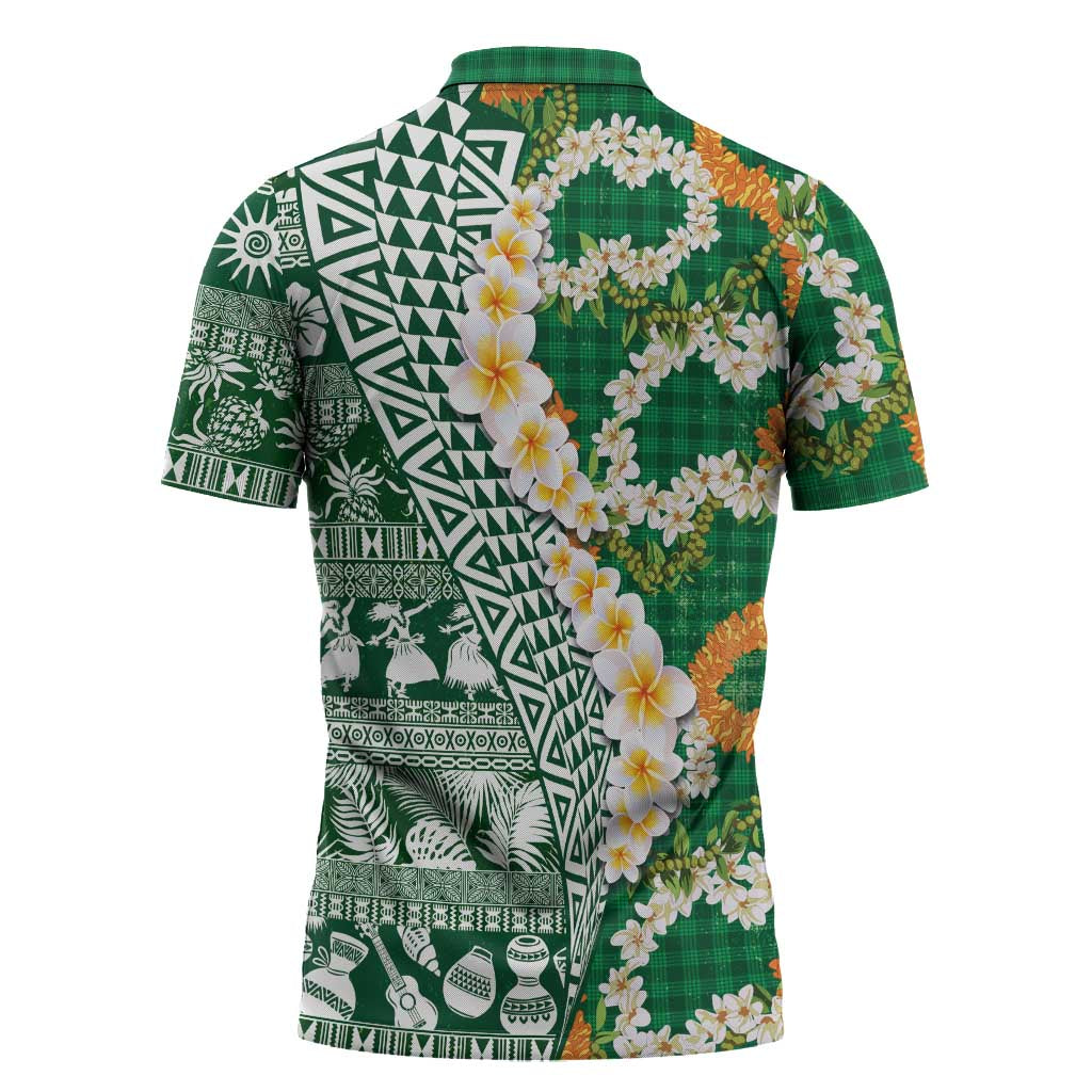 Hawaiian Plumeria Lei Zipper Polo Shirt Kakau Motifs and Palaka Half Style Green Color LT03 - Polynesian Pride