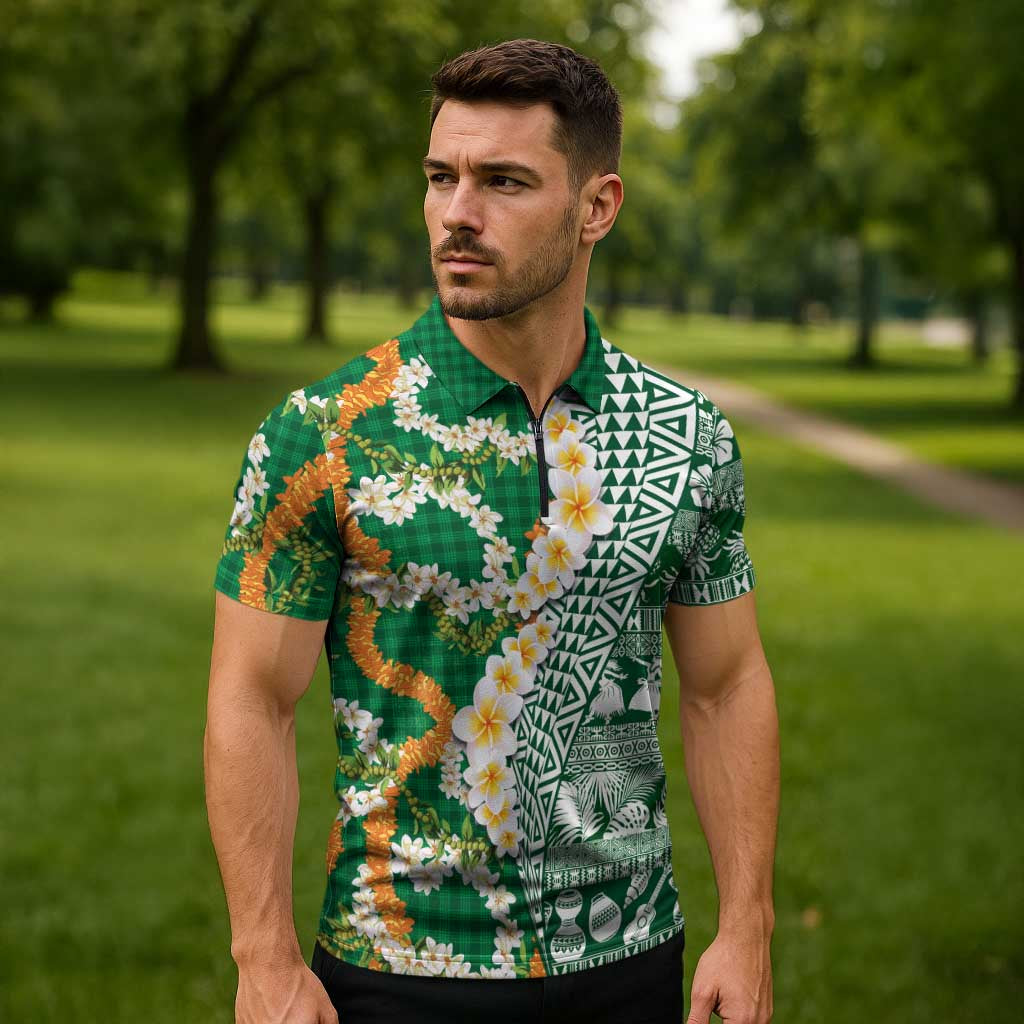 Hawaiian Plumeria Lei Zipper Polo Shirt Kakau Motifs and Palaka Half Style Green Color LT03 - Polynesian Pride