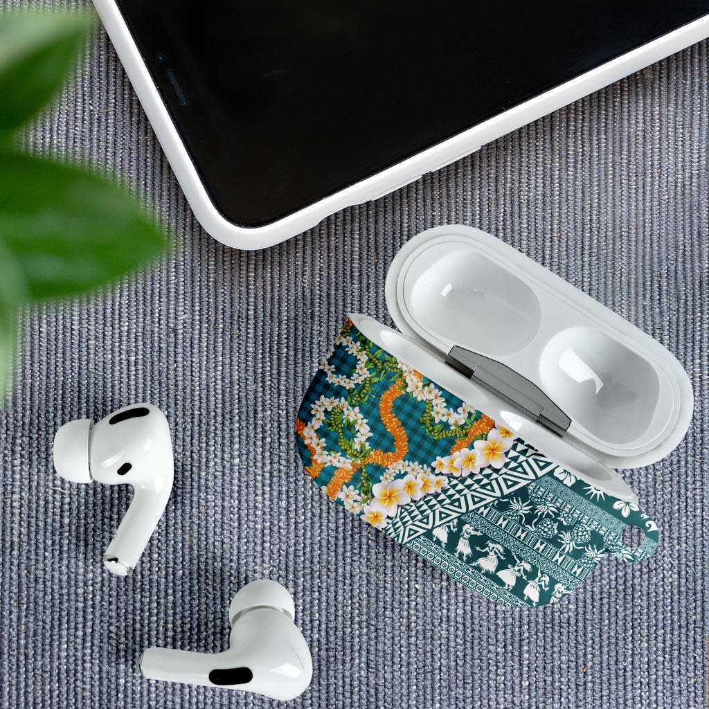Hawaiian Plumeria Lei AirPods Case Kakau Motifs and Palaka Half Style Turquoise Color - Polynesian Pride