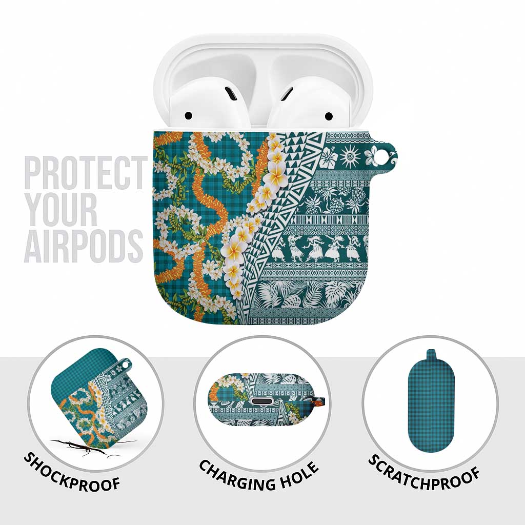 Hawaiian Plumeria Lei AirPods Case Kakau Motifs and Palaka Half Style Turquoise Color - Polynesian Pride
