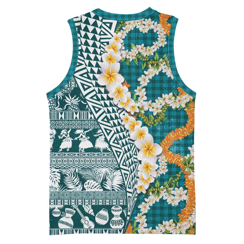 Hawaiian Plumeria Lei Basketball Jersey Kakau Motifs and Palaka Half Style Turquoise Color LT03 - Polynesian Pride